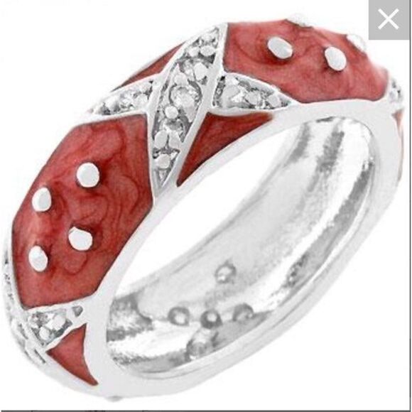 Silver Pink Enamel & CZ "X" Stack Band Ring Sz 8 - Picture 1 of 4